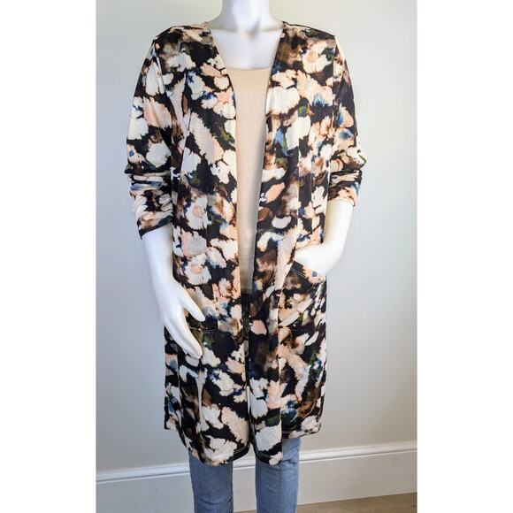 Nina Leonard Duster Cardigan XL Black Cream Bold Floral Print Open Front Pockets - Picture 3 of 11